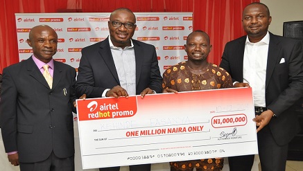 (L-r):, Anyanwu Camillus, head, Surveillance & Enforcement Dept., Consumer Protection Council (CPC), Obinna Aniche, Vice President, Brand & Marketing Communication, Aitel, Kehinde Fasanya, Airtel customer and winner of One Million Naira in Red Hot promo, with Mr. Kenechukwu Okonkwo, head, High Value Segment, Airtel, at the Airtel Red Hot promo press conference/prize presentation to winners, held in GRA, Ikeja, Lagos on Wednesday.